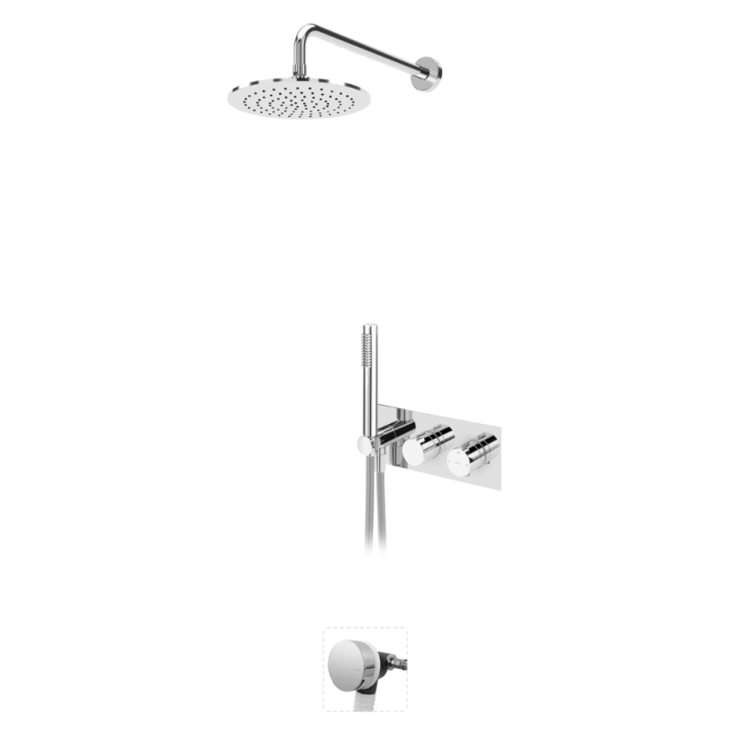 Sistema termostático embutido de banheira com chuveiro de parede Ø250 mm em Inox, kit de chuveiro mão Elo e válvula com bica de enchimento para banheira - VenusQ Bruma Leaf - 187 413 1CR
