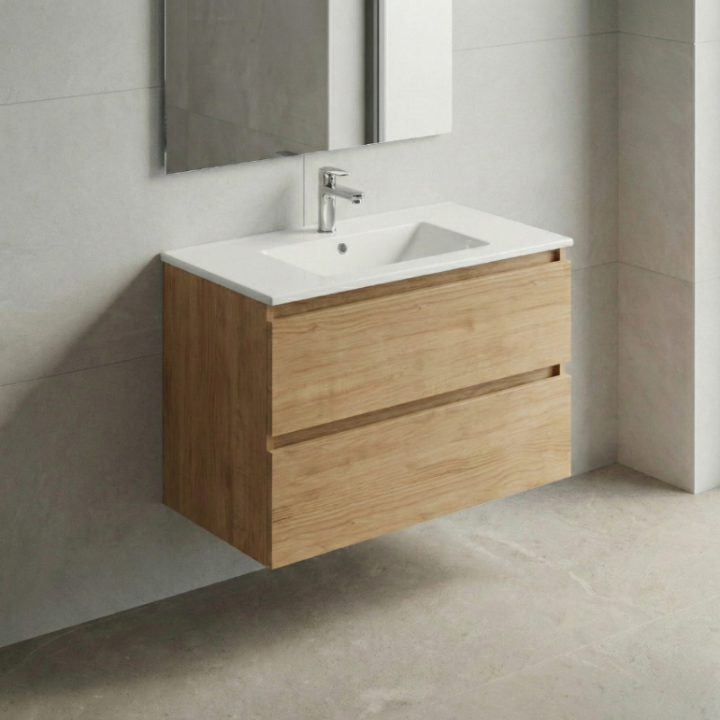 Móvel de Casa de Banho Suspenso Clove Nogal Slow – 2 Gavetas com Lavatório Cerâmico