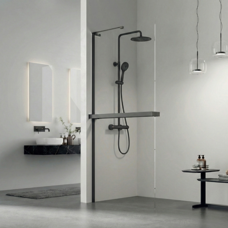 Painel de Duche EQ+ Milão Fixo Preto Mate com suporte em L + Toalheiro