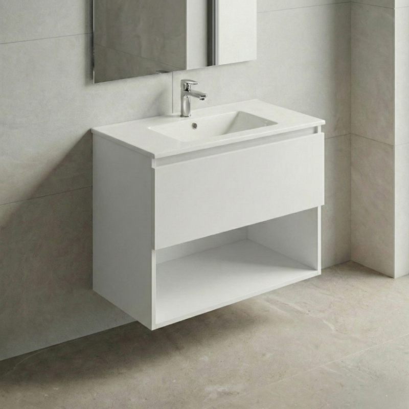 Móvel de Casa de Banho Suspenso Clove Branco – 1 Gaveta com Lavatório Cerâmico