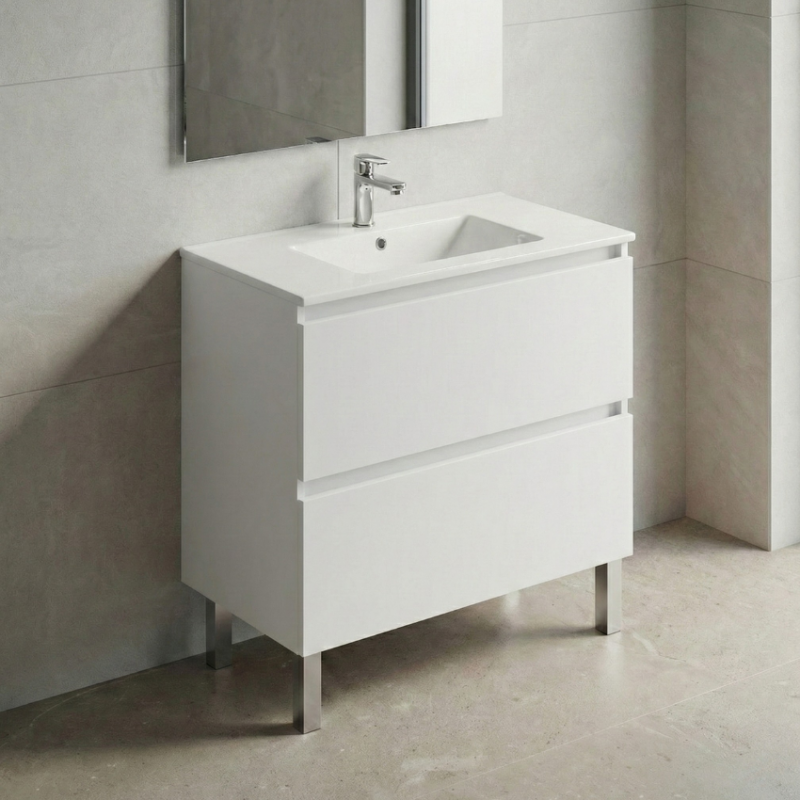 Móvel de Casa de Banho Branco – 2 Gavetas com Lavatório Cerâmico