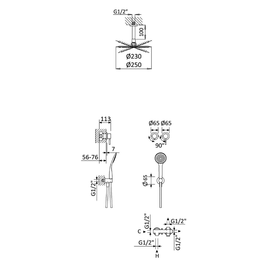 Sistema embutido de duche horizontal, com chuveiro de tecto Ø230 mm em ABS e kit de chuveiro mão separado Emotion Bruma Lusitano - 107 650 8CR