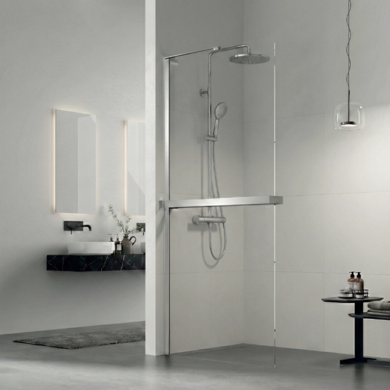 Painel de Duche EQ+ Milão Fixo Cromado com suporte em L + Toalheiro