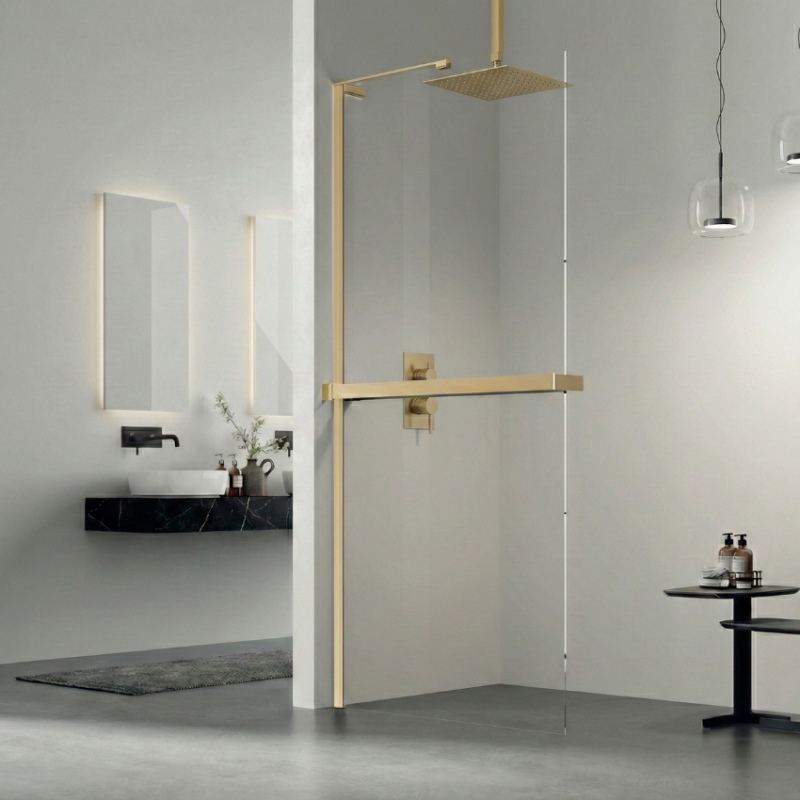 Painel de Duche EQ+ Milão Fixo Ouro Mate com suporte em L + Toalheiro