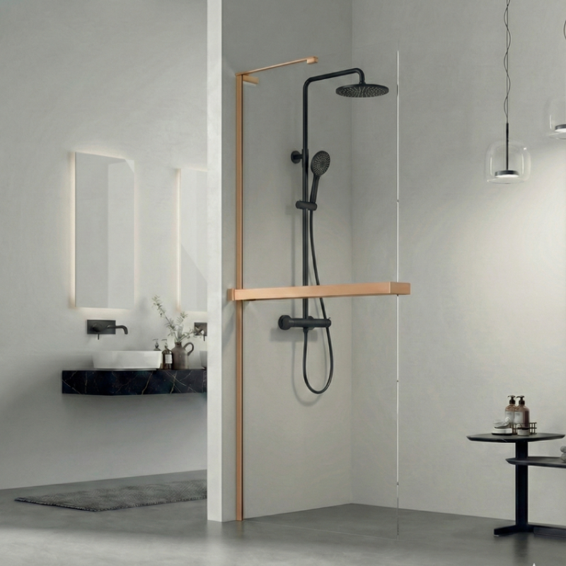 Painel de Duche EQ+ Milão Fixo Rosa Ouro Mate com suporte em L + Toalheiro