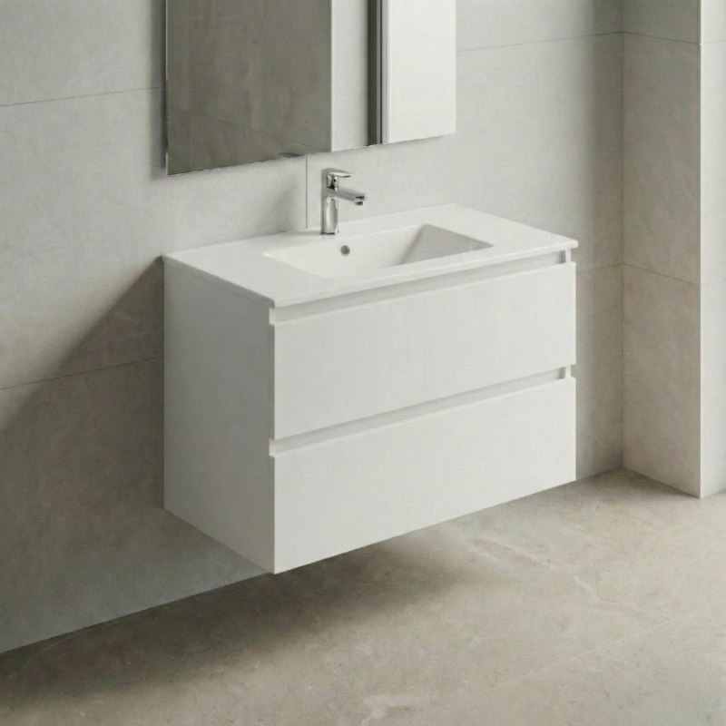 Móvel de Casa de Banho Suspenso Clove Branco – 2 Gavetas com Lavatório Cerâmico