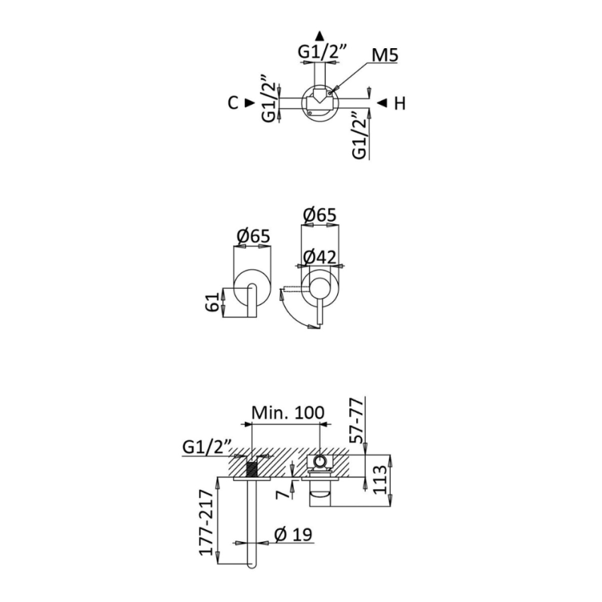 Monocomando de lavatório à parede, com 2 furos. Bica com 210 mm BRUMA LUSITANO - 107 010 0CR