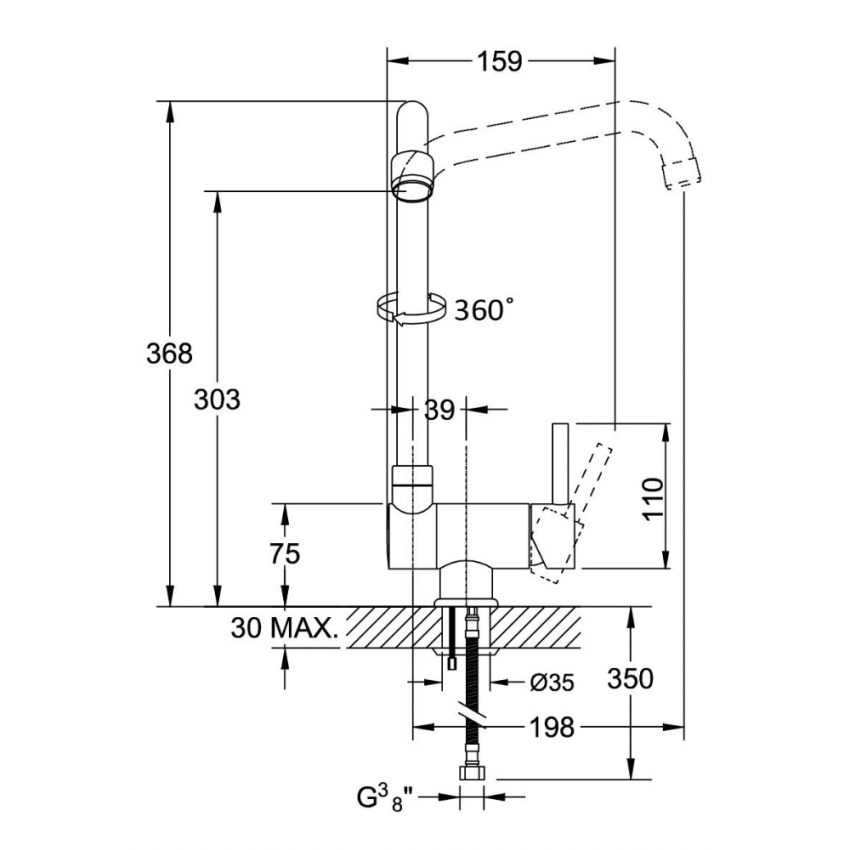 Monocomando de fregadero BRUMA LUSITANO con caño giratorio reclinable (107 059 1CR)