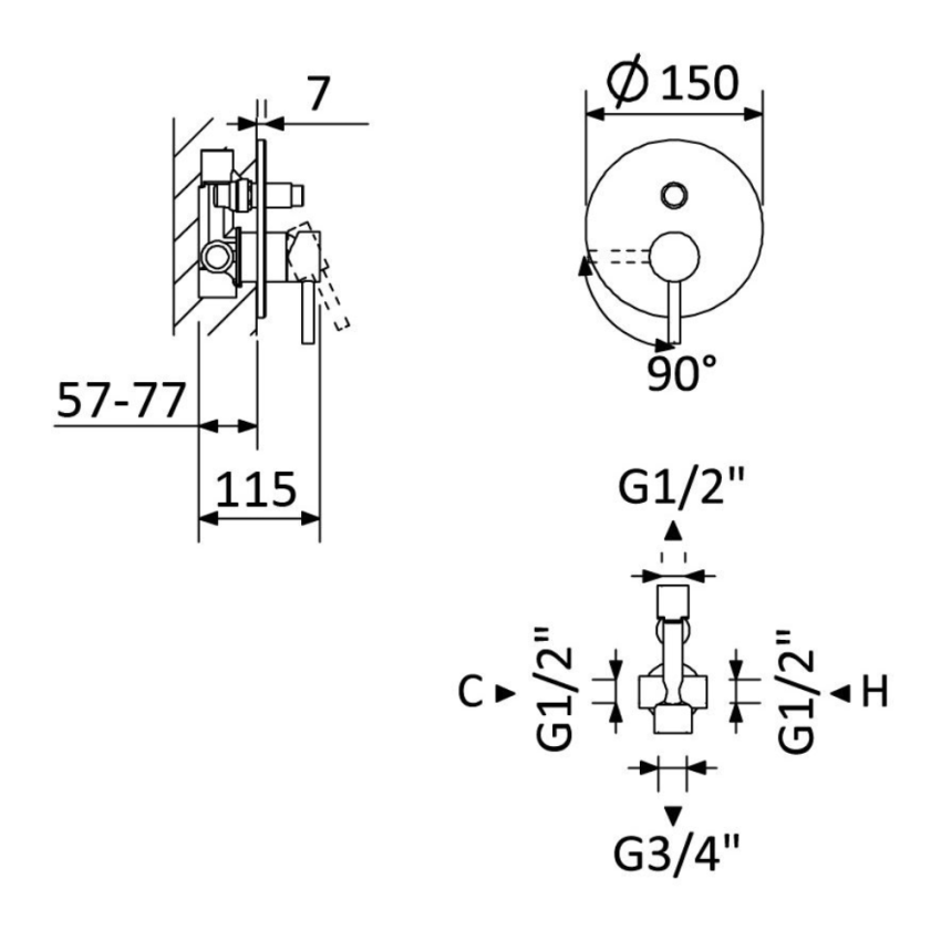 Monocomando embutido com 2 saídas BRUMA LUSITANO - 107 130 1CR