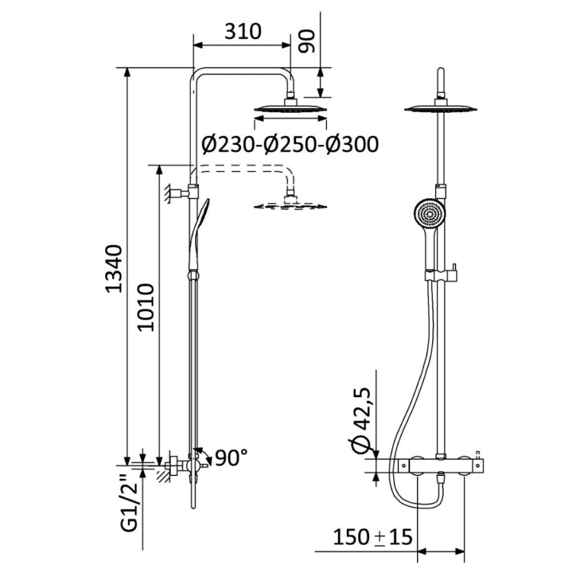 Sistema de duche com braço ajustável, chuveiro fixo UltraThin com Ø250 mm em inox Bruma Lusitano - 107 282 1CR
