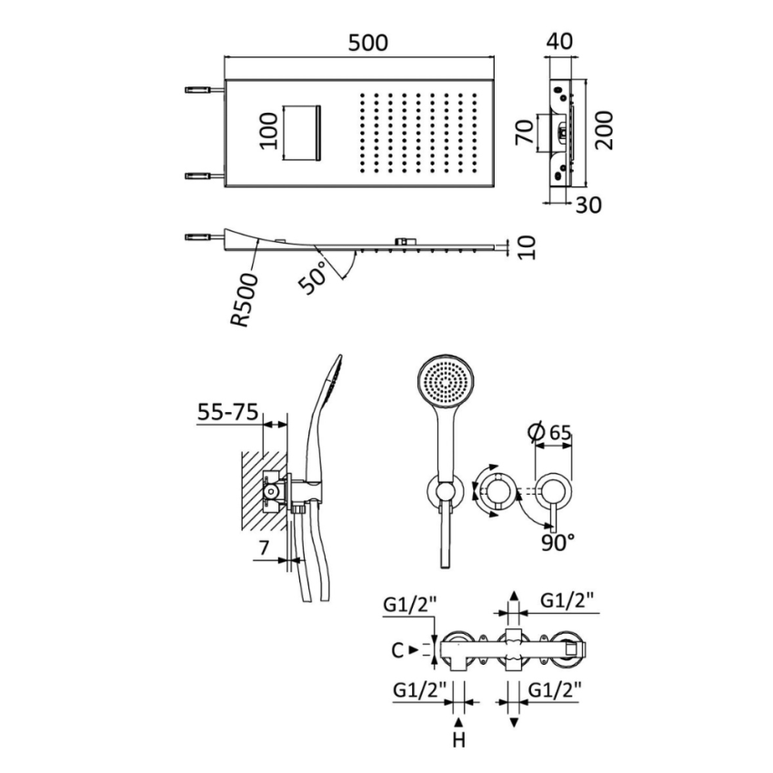 Sistema embutido de duche com chuveiro Line Cascade (Chuva/ Cascata) e chuveiro mão Bruma Lusitano - 107 410 1CR