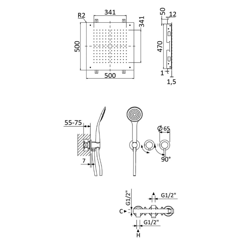 Sistema embutido de duche com chuveiro em INOX, de embutir no tecto 500×500 mm (Chuva) e chuveiro mão Bruma Lusitano - 107 427 1CR