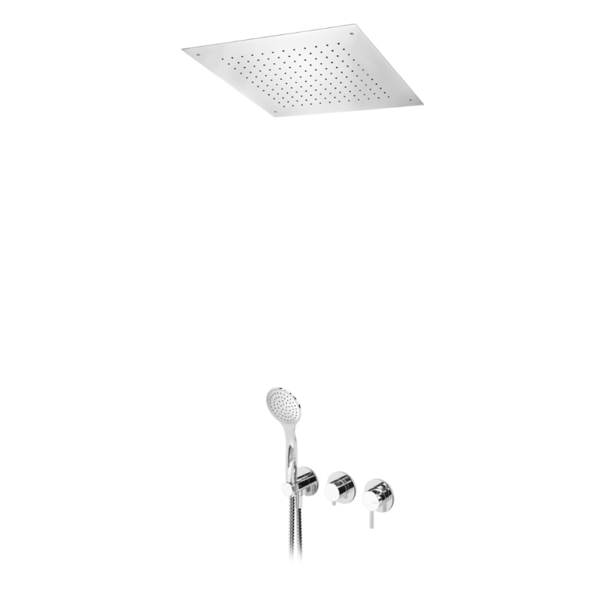 Sistema embutido de duche com chuveiro em INOX, de embutir no tecto 500×500 mm (Chuva) e chuveiro mão Bruma Lusitano - 107 427 1CR