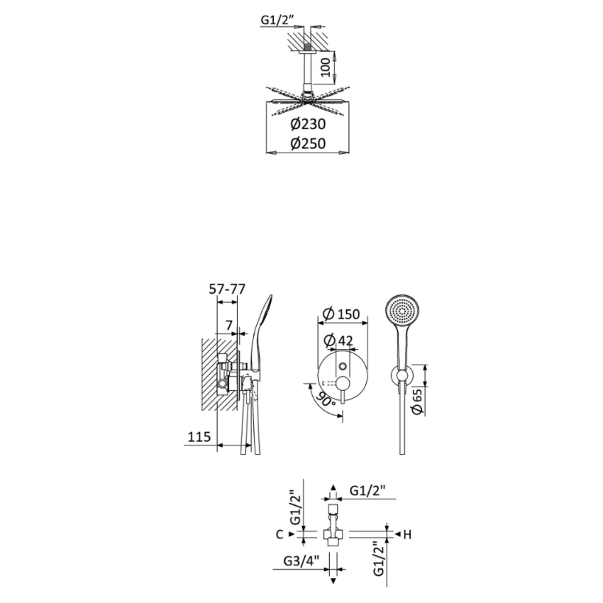 BRUMA Built-in Shower System LUSITANO, ceiling shower ABS D230