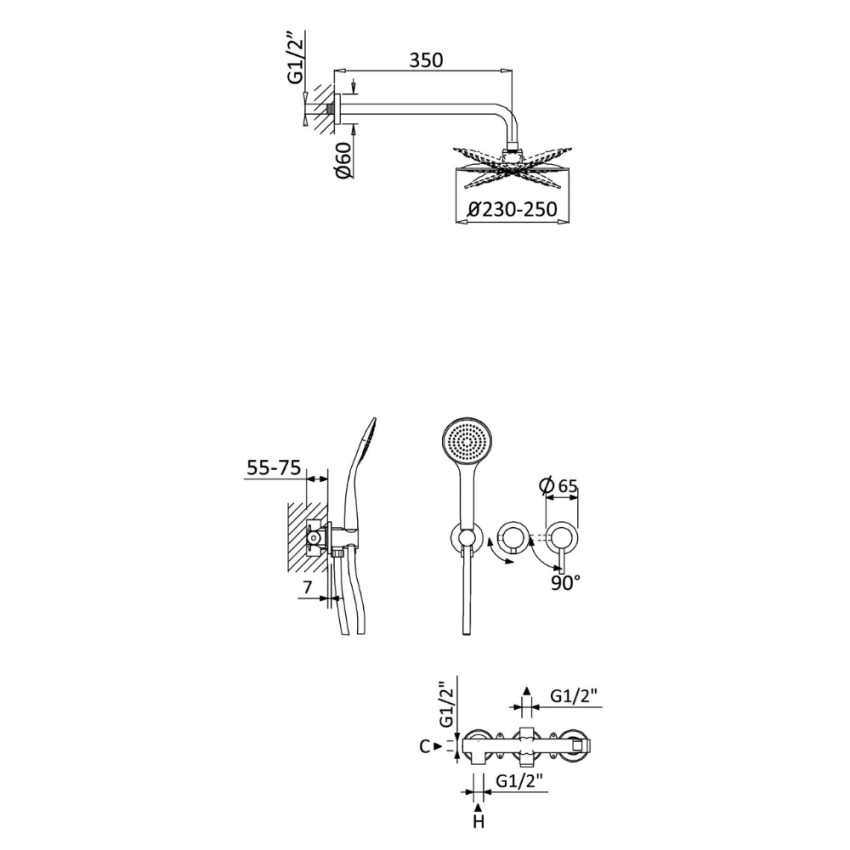Sistema embutido de duche com chuveiro de parede Ø230 mm em ABS e kit de chuveiro mão Emotion Bruma Lusitano - 107 570 1CR