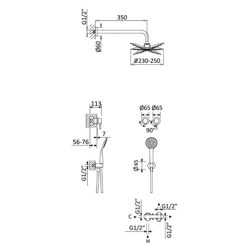 Sistema embutido de duche horizontal, com chuveiro de parede Ø230 mm em ABS e kit de chuveiro mão separado Emotion – Bruma Lusitano 107 750 1CR