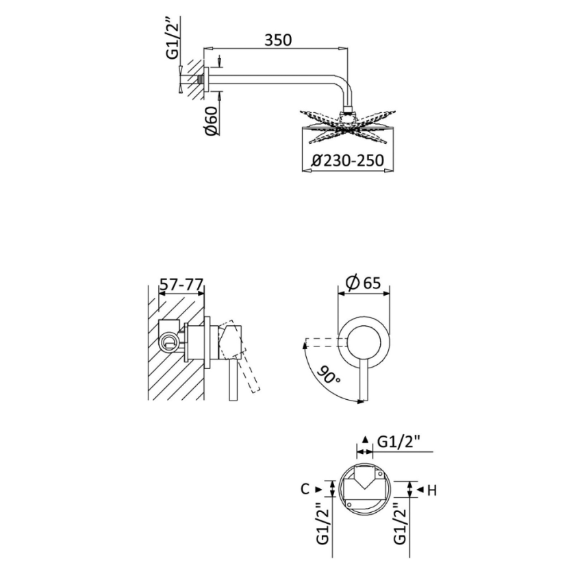 Sistema embutido de duche com chuveiro de parede Ø230 mm, em ABS Bruma Lusitano - 107 760 1CR