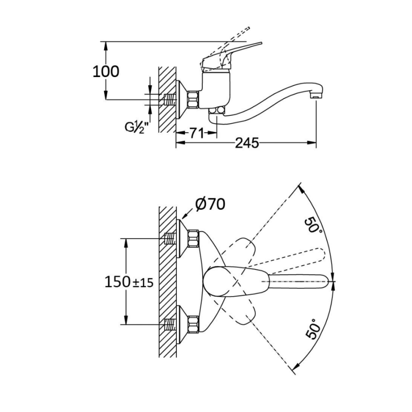 Misturadora de lava loiça à parede, bica inferior giratória Bruma Mustang - 116 055 1CR