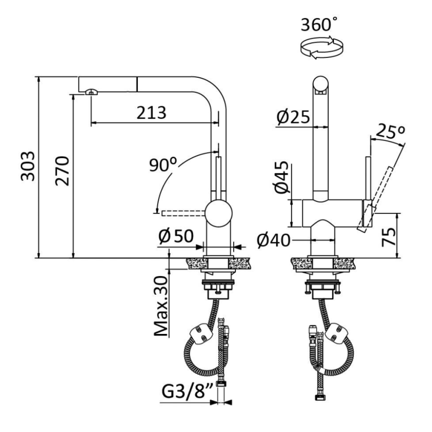 Monocomando de lava loiça, bica giratória, chuveiro extraível Bruma Ginger - 122 700 3CR