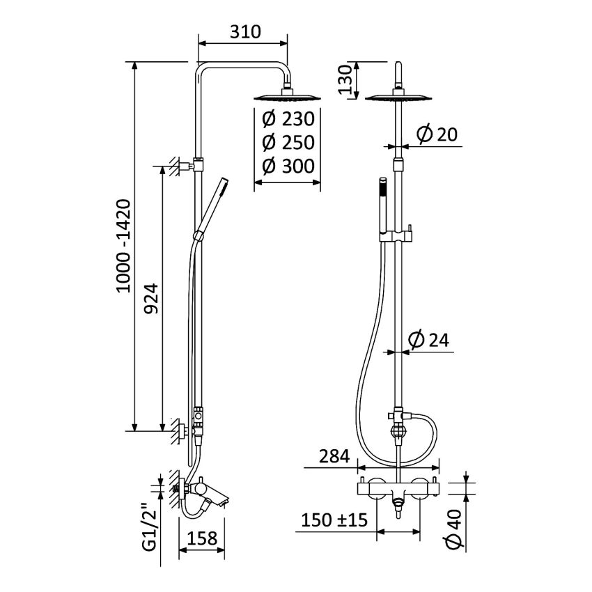 Sistema termostático de banheira com braço ajustável, chuveiro de Ø230mm em ABS e rampa de duche Bruma Elo - 138 476 1CR
