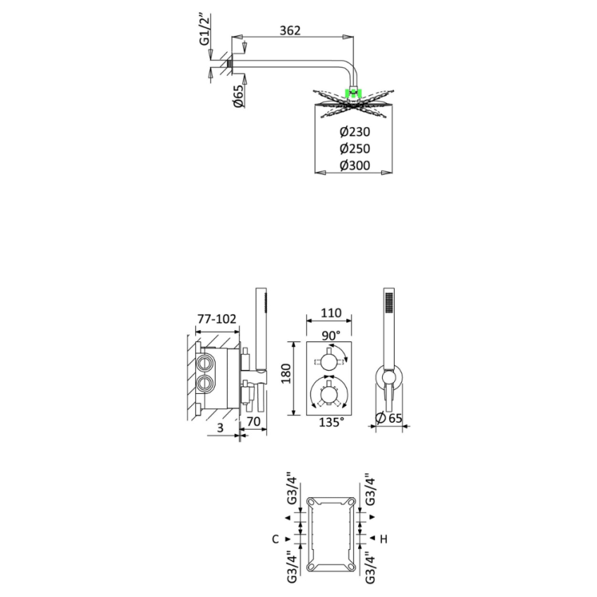 Thermostatic Shower System BRUMA built-in LUSITANO, ABS shower D230