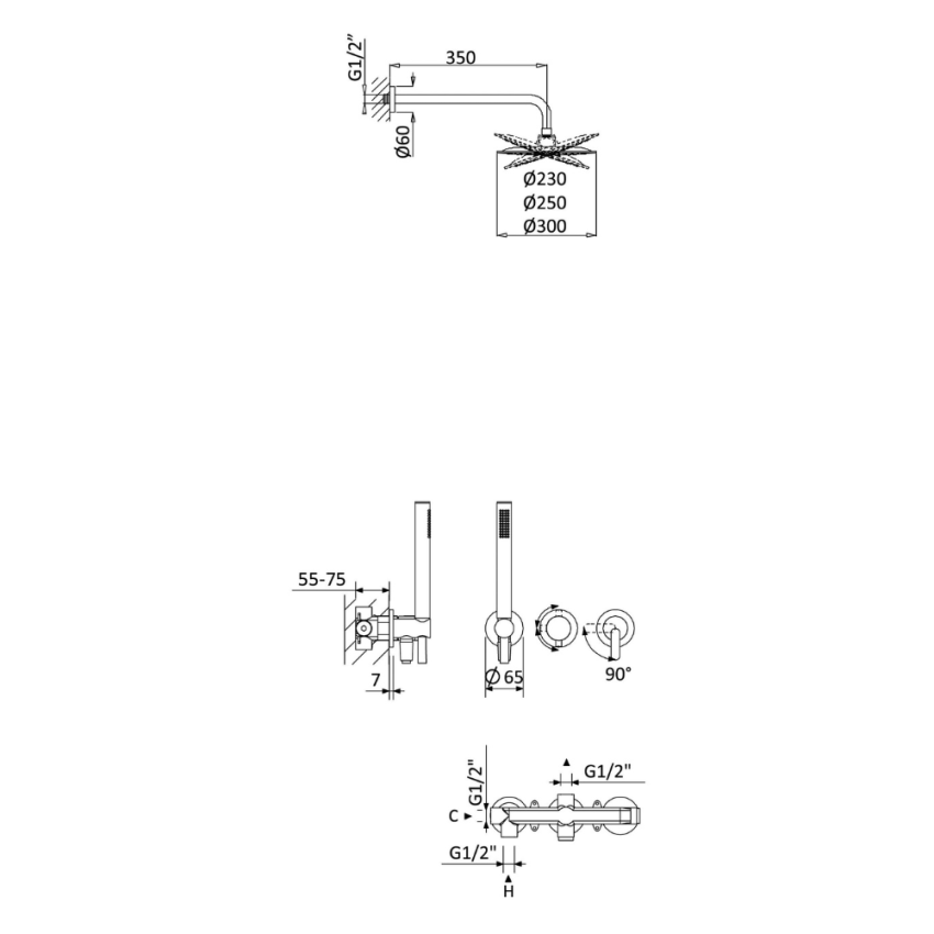 Sistema embutido de duche com chuveiro de parede Ø250 mm em inox e kit de chuveiro mão Elo Bruma Leaf - 167 361 5CR
