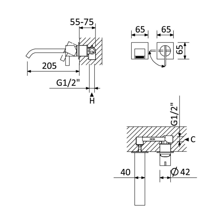Monocomando de lavatório à parede, com 2 furos. – Bruma Breeze 168 230 1CR