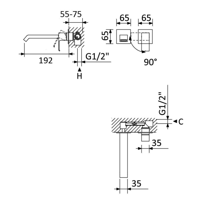 Monocomando de lavatório à parede, com 2 furos Bruma Linea - 182 010 2CR