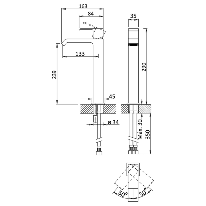 Monocomando de lavatório, para lavatórios altos com válvula clic-clac 1 1/4″ Bruma Linea - 182 214 1CR