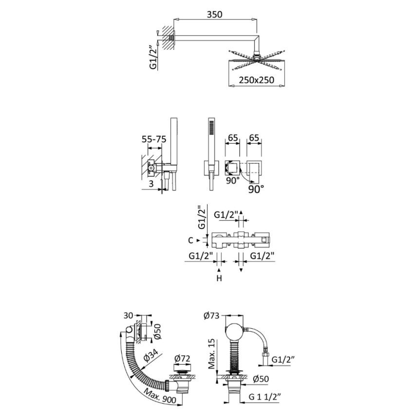 Sistema embutido de banheira com chuveiro de parede 250×250 mm em Inox, kit de chuveiro mão Quadra e válvula com bica de enchimento para banheira Bruma Linea - 182 352 1CR