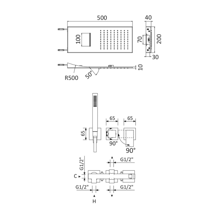 Sistema embutido de duche com chuveiro fixo Line (Chuva) e chuveiro mão Bruma Linea - 182 411 1CR