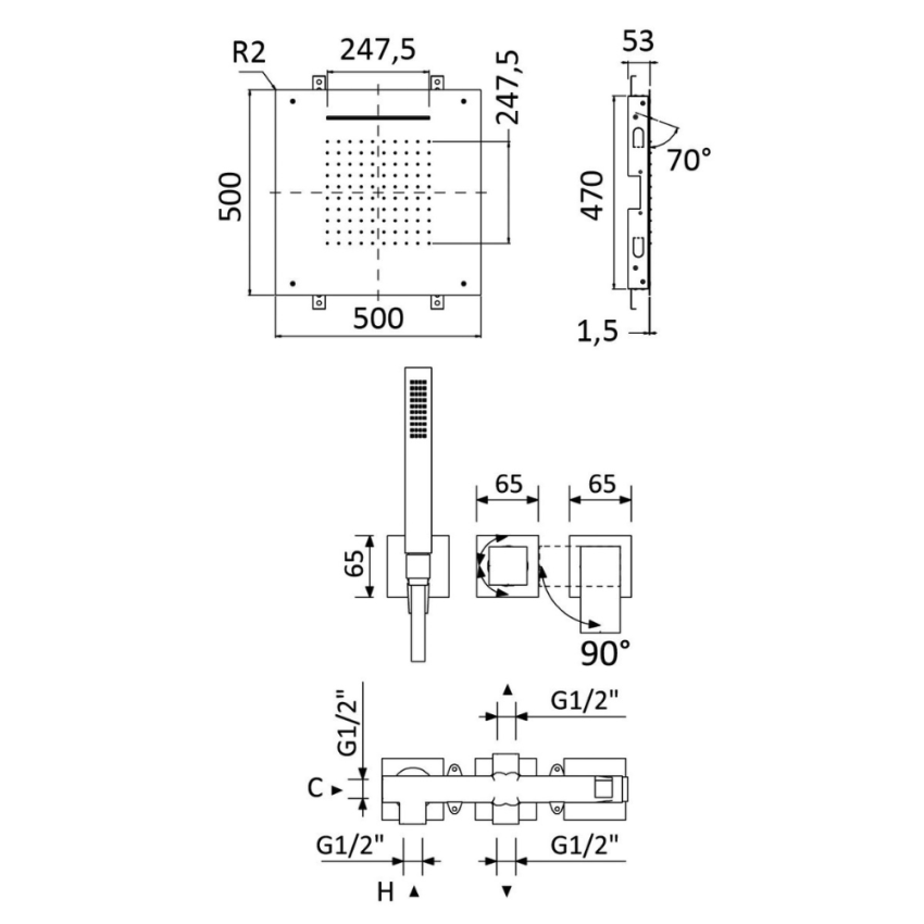 Sistema embutido de duche com chuveiro de tecto (Chuva/Cascata) e chuveiro mão Bruma Linea - 182 426 1CR