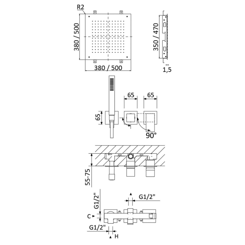 Sistema embutido de duche com chuveiro em INOX, de embutir no tecto 500×500 mm (Chuva) e chuveiro mão Bruma Linea - 182 427 1CR