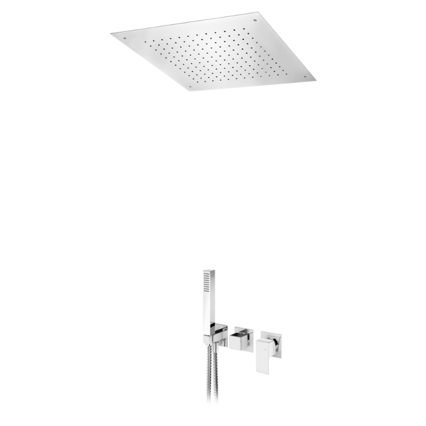 Sistema embutido de duche com chuveiro em INOX, de embutir no tecto 500×500 mm (Chuva) e chuveiro mão Bruma Linea - 182 427 1CR