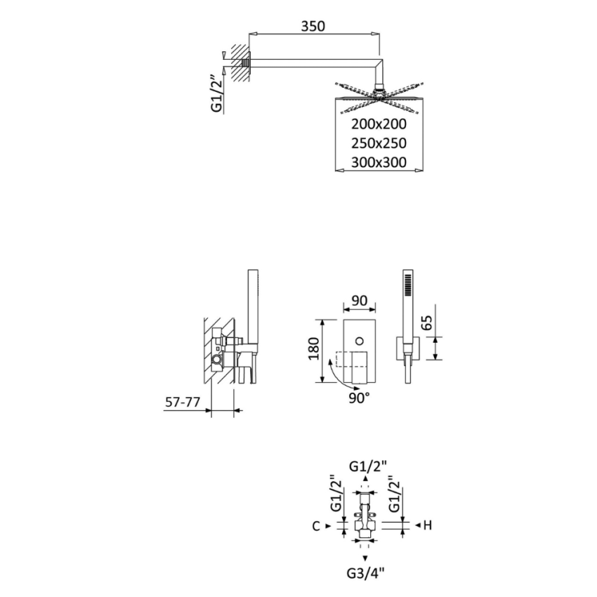 Sistema embutido de duche com chuveiro de parede 200×200 mm em ABS e kit de chuveiro mão Quadra Bruma Linea - 182 760 6CR