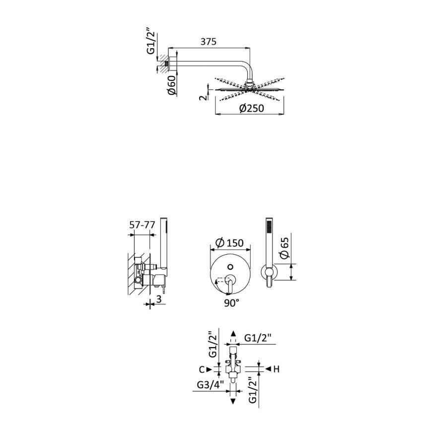 Sistema embutido de duche com chuveiro de parede Ø250 mm e kit de chuveiro mão Bruma X-Alpha - 186 762 1IS