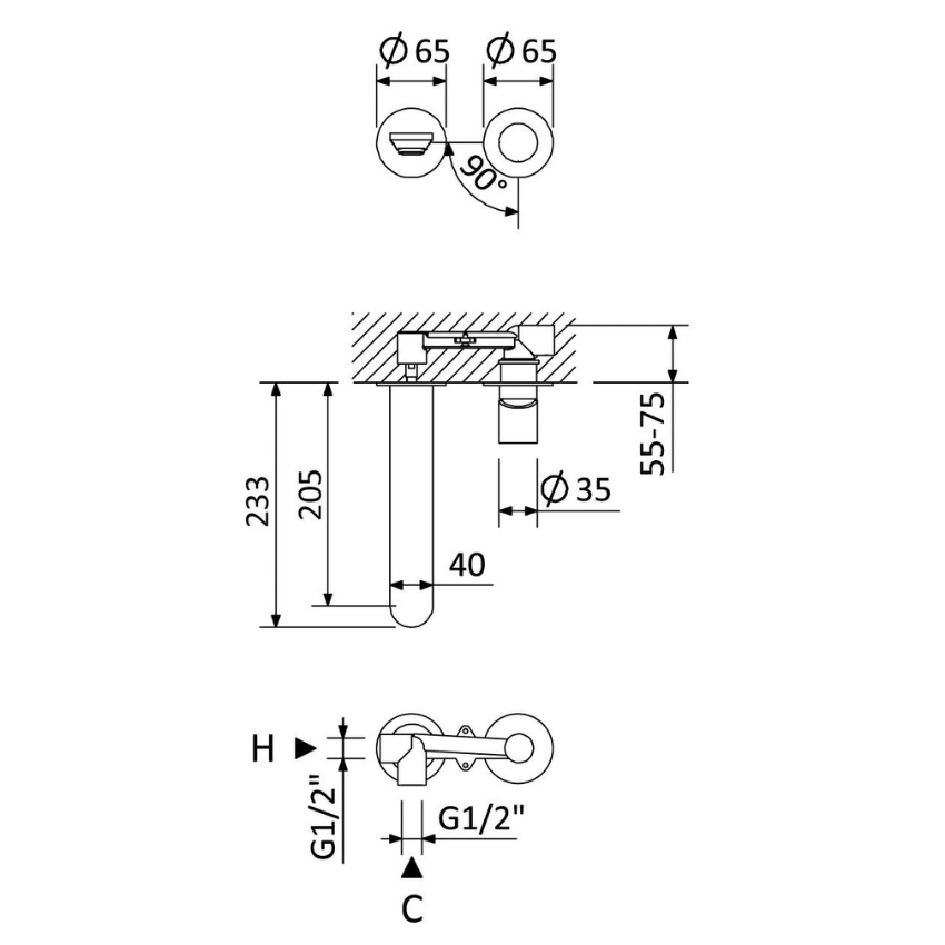 Monocomando de lavatório à parede, com 2 furos Bruma Adagio - 193 010 0CR