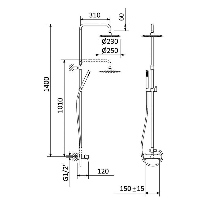 Sistema de duche com braço ajustável, chuveiro de Ø250 mm em inox e rampa de duche Bruma Adagio - 193 272 1CR