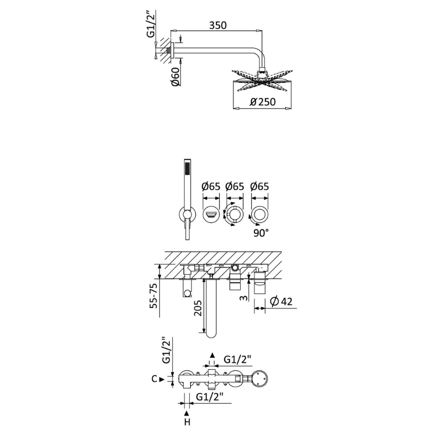 Sistema embutido de banheira, com chuveiro de parede Ø250 mm, chuveiro mão Elo e bica de banheira Bruma Adagio - 193 312 1CR