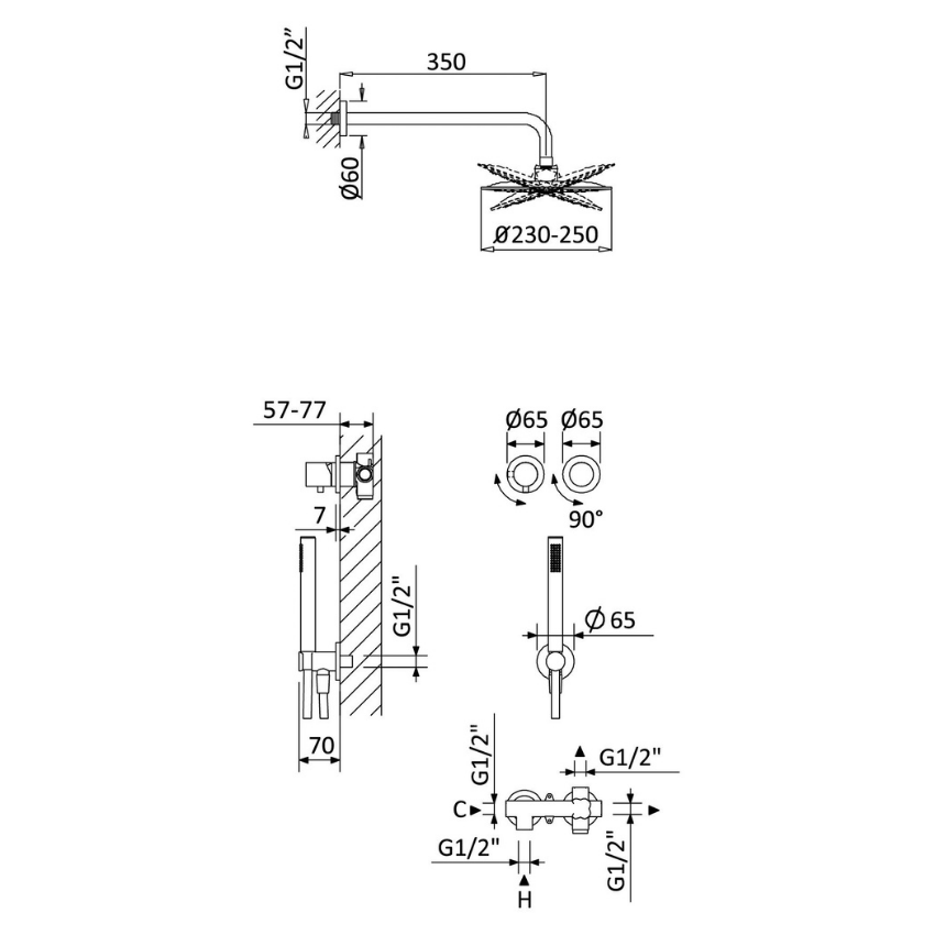 Sistema embutido de duche horizontal, com chuveiro de parede Ø230 mm em ABS e kit de chuveiro mão separado Elo Bruma Adagio - 193 750 1CR