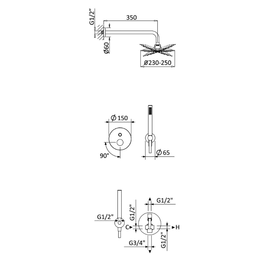 Sistema embutido de duche com chuveiro de parede Ø230 mm em ABS e kit de chuveiro mão Elo Bruma Adagio - 193 780 1CR