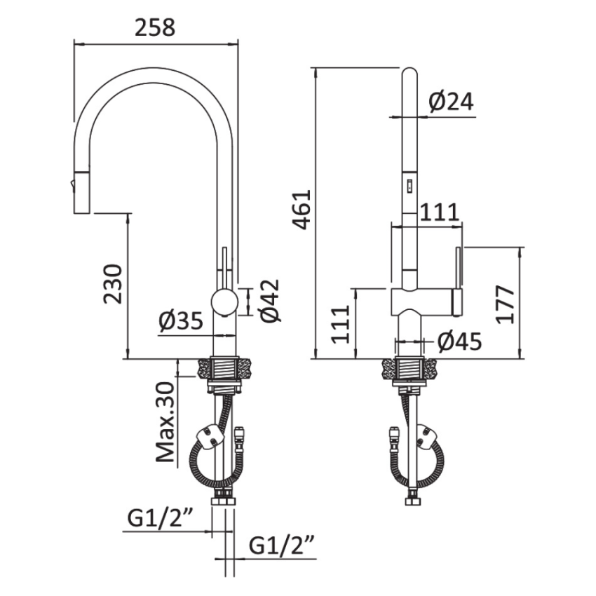 Monocomando de lava loiça, bica giratória, chuveiro extraível 2 jatos – Bruma Ginger 122 700 2CR