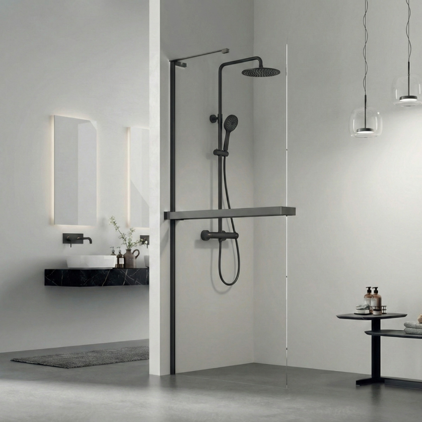 Painel de Duche EQ+ Milão Fixo Preto Mate com suporte em L + Toalheiro