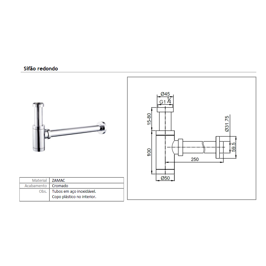 Cylindrical Bottle Siphon LUSO VDA Chrome