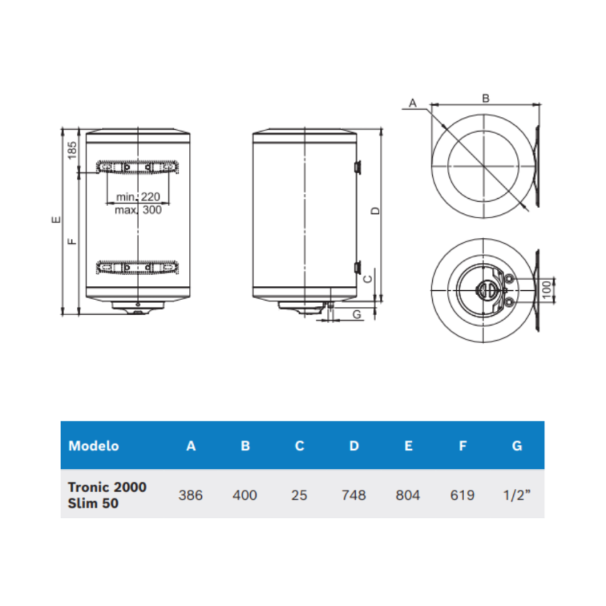 Termoacumulador 50L BOSCH Tronic 2000T Slim