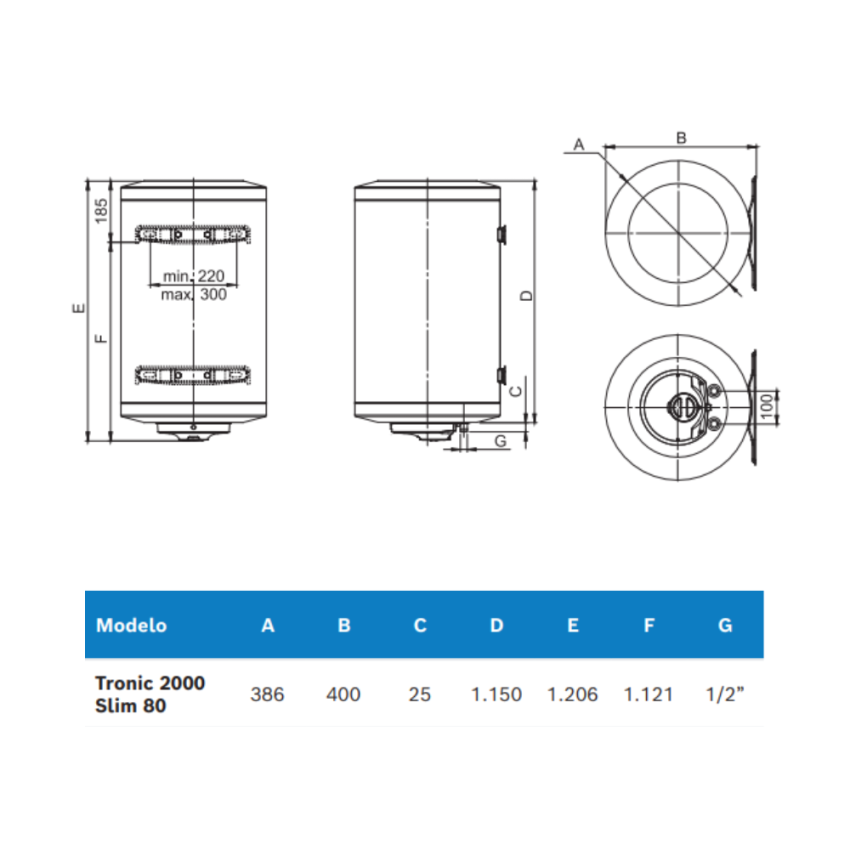 Termoacumulador 80L BOSCH Tronic 2000T Slim