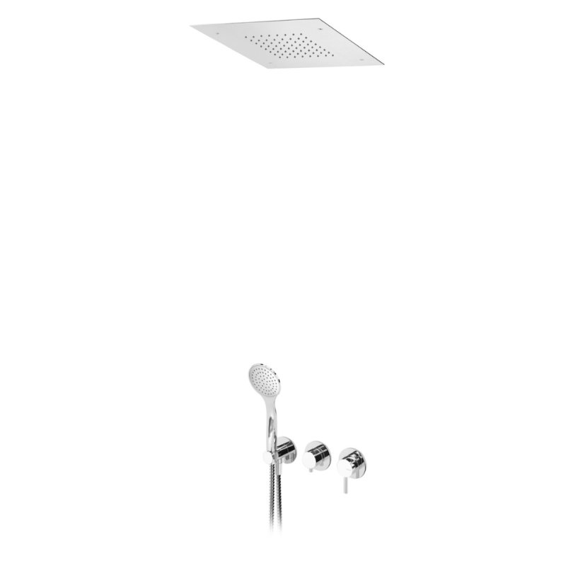 Sistema embutido de duche com chuveiro em INOX, de embutir no tecto 380×380 mm (Chuva) e chuveiro mão Bruma Lusitano - 107 428 1CR
