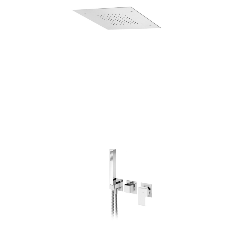 Sistema embutido de duche com chuveiro em INOX, de embutir no tecto 380×380 mm (Chuva) e chuveiro mão Bruma Linea - 182 428 1CR